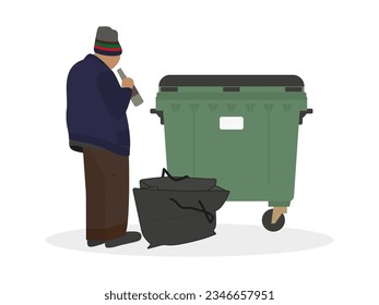 Homeless man with a bottle and a big bag standing next to the trash can on a white background