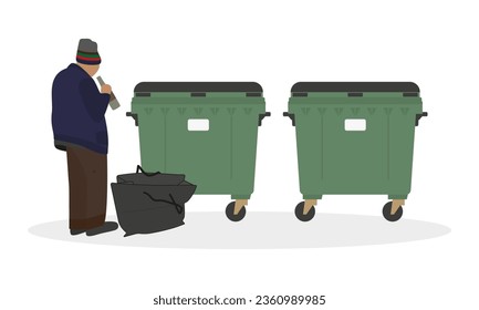 Homeless man with a bottle and a big bag standing next to the trash can on a white background