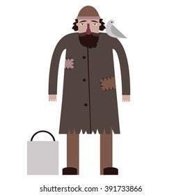 Homeless man. Bum vector character. Cartoon homelessness person in dirty cloak with a bag and dove on shoulder. Isolated on background.