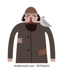 Homeless man. Bum vector character. Cartoon homelessness person in dirty cloak with a bag and dove on shoulder. Isolated on background.