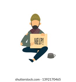 Homeless man with cardboard sign asking for help, poor beggar with old dirty clothes sitting on the street, male cartoon person in need for money, isolated flat vector illustration on white background