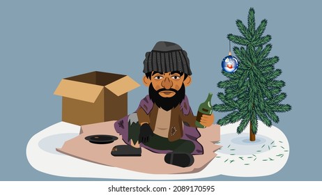 A homeless man is celebrating under a Christmas tree. Vector illustration of a tramp. A homeless man is sitting under a Christmas tree and drinking from a bottle. There is one glass ball with a pictur