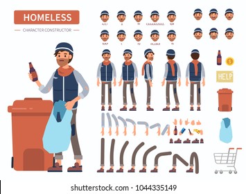 Homeless man character constructor for animation. Front, side and back view. Flat cartoon style vector illustration isolated on white background. Homeless man character constructor for animation. Front, side and back view. Flat cartoon style vector illustration isolated on white background.