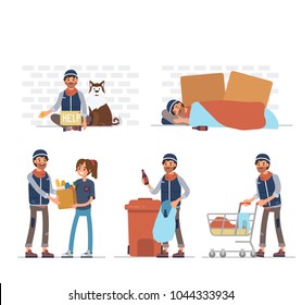 
Homeless man character. Flat  cartoon style vector illustration isolated on white background.  