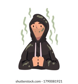 Homeless Man in Dirty Clothing, Guy Having Personal Hygiene Problems Vector Illustration