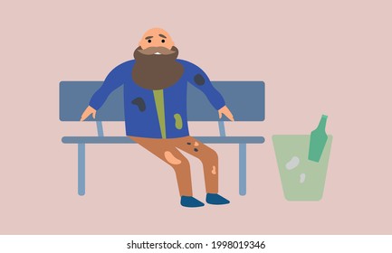 homeless man in dirty and leaky clothes sits on a bench next to the trash can
