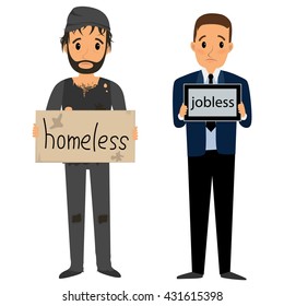 Homeless Man In Dirty Old Clothes Whith Bag In Hand And Jobless Man In Suit Whith Tablet. Vector Flat Cartoon Illustration