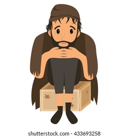 Homeless man in dirty old clothes on wooden box . Vector flat cartoon illustration
