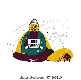 Homeless man with a dog on street. unemployment and homeless issues. flat thin line character. vector illustration