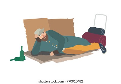 Homeless man dressed in ragged clothes lying on cardboard sheets on ground. Hobo, bum, tramp or vagabond. Person in poverty. Poor male character isolated on white background. Vector illustration.