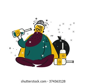 Homeless man drinking alcohol on street. unemployment and homeless issues. flat thin line character. vector illustration