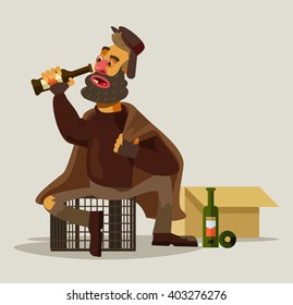 Homeless man drinking alcohol. Vector flat illustration