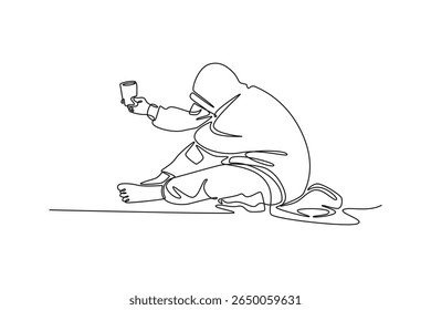 homeless man. effects of world war concept. Single line draw design. Vector graphic illustration