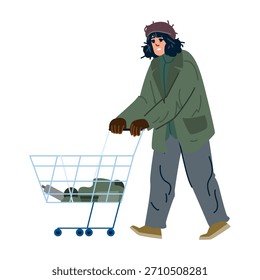 Hombre sin hogar que experimenta pobreza y falta de refugio, empujando un Carrito de compras con pertenencias personales, simbolizando la indigencia, las dificultades y los problemas sociales