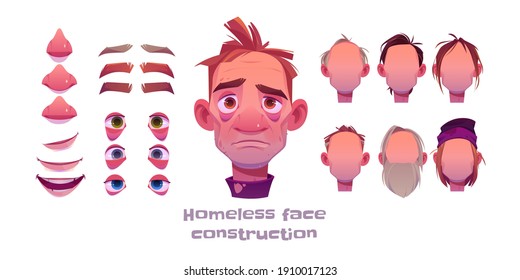 Homeless man face construction, avatar creation with different head parts isolated on white background. Vector cartoon set of beggar, poor character eyes, noses, hairstyles, brows and lips