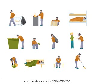 Homeless Man Flat Illustration Set. Vector Character Sleeping On Park Bench. Refugee Asking Help, Begging Money. People In Need. Food, Job And Shelter For Poor. Volunteer Service Isolated Cliparts