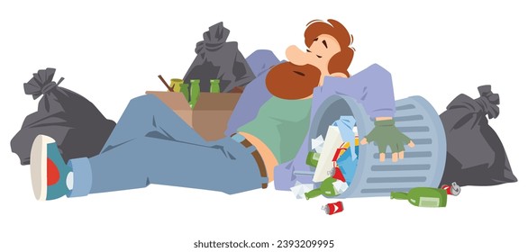 Homeless man at garbage dump. Funny people. Illustration concept template for website, web landing page, banner, presentation, social, poster, promotion or print media.