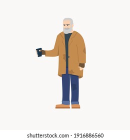 Homeless Man With Gray Beard, Brown Coat And Fingerless Gloves, Asking For Money In His Glass, Wearing Dirty Clothes Bum