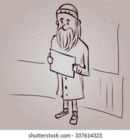Homeless man. Hand drawn cartoon vector illustration.