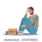 Homeless man holding banner Help. Bum in ragged clothes sitting on ground begging money. Unemployed character asking support in trouble situation, begging. Vector illustration