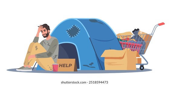 Homeless man holding banner Help. Trolley cart with belongings and camp near. Bum in ragged clothes sitting on ground begging money. Unemployed character asking support, begging. Vector