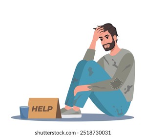 Homeless man holding banner Help. Bum in ragged clothes sitting on ground begging money. Unemployed character asking support in trouble situation, begging. Vector illustration