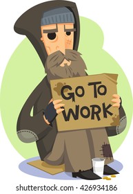 homeless man holding sign cartoon illustration