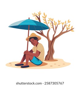 Homeless man holding an umbrella illustration in flat style 
