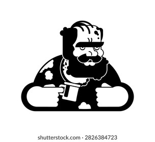 homeless man with a large beard and stern expression. Minimalist black and white icon for social issues and urban themes.