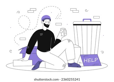 Concepto de línea de hombre sin hogar. Un tipo con barba y un vaso de vino sentado en la calle. Ciudadano pobre, bancarrota y desigualdad social. Una persona hambrienta con ayuda. Ilustración lineal vectorial