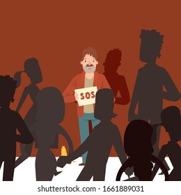 Homeless man on street asking for help, indifferent crowd ignores poor people, vector illustration. Jobless man cartoon character holding cardboard sign. Unemployed person alone in crowd street people