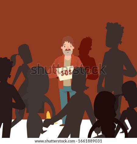 Homeless man on street asking for help, indifferent crowd ignores poor people, vector illustration. Jobless man cartoon character holding cardboard sign. Unemployed person alone in crowd street people