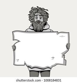 Homeless man with paper sign pop art style . Comic book style imitation. Object Vector black and white pencil. Shades of gray