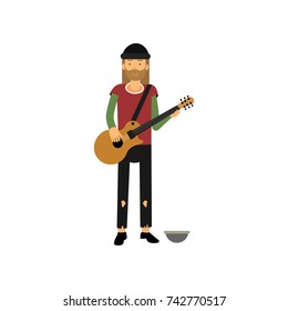 Homeless man playing guitar on the street, unemployment person needing for help cartoon vector illustration