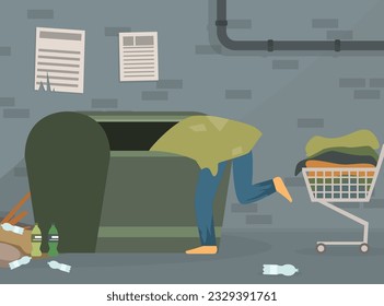 Homeless Man in Rags with Cart Going Through Garbage in the Street Vector Illustration