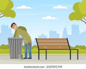 Homeless Man in Rags Going Through Garbage in the Street Vector Illustration