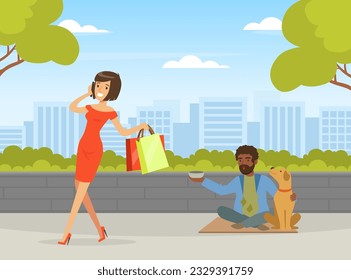 Homeless Man in Rags Sitting in the Street with Dog Begging Money from Bypasser Vector Illustration