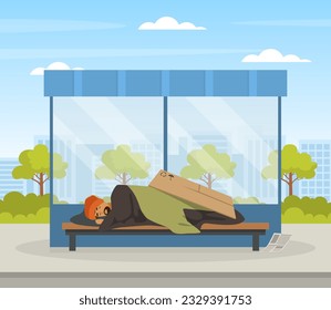 Homeless Man in Rags Sleeping on Bus Stop in the Street Vector Illustration