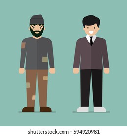 Homeless man and rich man character. Vector illustration