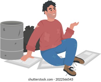 Homeless Man Semi Flat Color Vector Character. Sitting Figure. Full Body Person On White. Beggar Asking For Help Isolated Modern Cartoon Style Illustration For Graphic Design And Animation