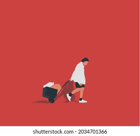 Homeless man with shopping cart with her possessions, unemployment male needing for help cartoon vector illustration. Trolley with various things. Poverty, sad caucasian guy.