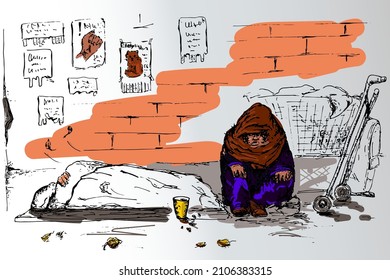 Homeless man sitting against the wall asking for help.Sketch. The concept of poverty and defenselessness. Social problems.