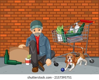 Homeless man sitting with a dog illustration