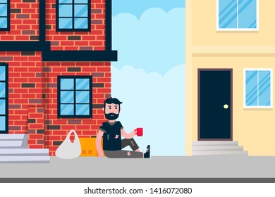 Homeless man sitting down with the cup and ask some money near building in the city. Poor people help concept flat style design vector illustration isolated on white background.