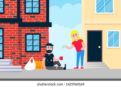 Homeless man sitting down with the cup and ask some money near building in the city and woman. Poor people help concept flat style design vector illustration isolated on white background.