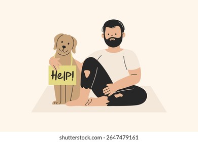 Homeless Man Sitting on Cardboard with a Dog Illustration