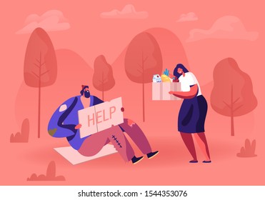 Homeless Man Sitting on Ground with Nameplate. Male Beggar Character with Sign Cardboard Ask for Help. Woman Volunteer Giving him Box with Donation. Poverty Concept Cartoon Flat Vector Illustration