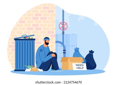 Homeless man sitting on ground flat vector illustration. Desperate hungry poor male person sitting on street near trash bin, asking for help, getting into financial trouble. Poverty concept
