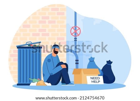 Homeless man sitting on ground flat vector illustration. Desperate hungry poor male person sitting on street near trash bin, asking for help, getting into financial trouble. Poverty concept