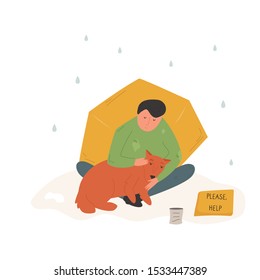 Homeless man sitting on a street in a rain with his dog.  Flat vector illustration